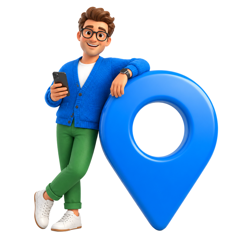 Illustrated UtilityDeals guide holding a phone beside a location pin